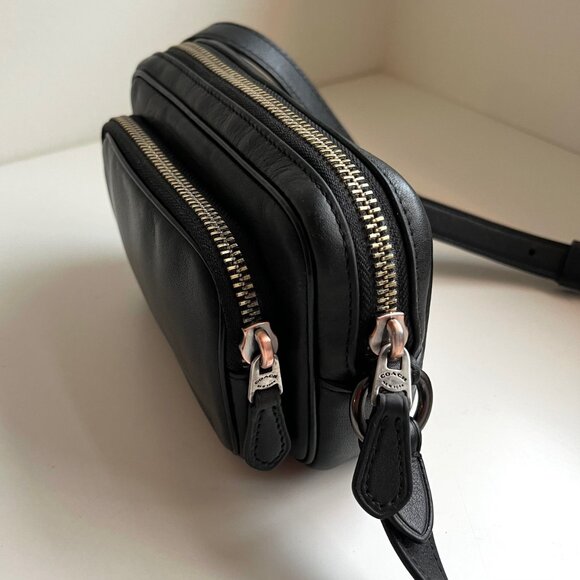 Restored Coach Mini Edge Double Pouch Crossbody Bag in Smooth Black Leather - Picture 7 of 12